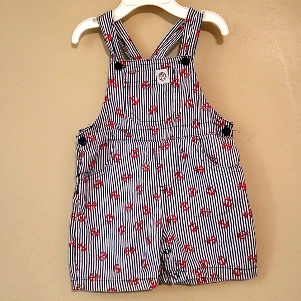 Striped cotton shortalls with red anchor pattern